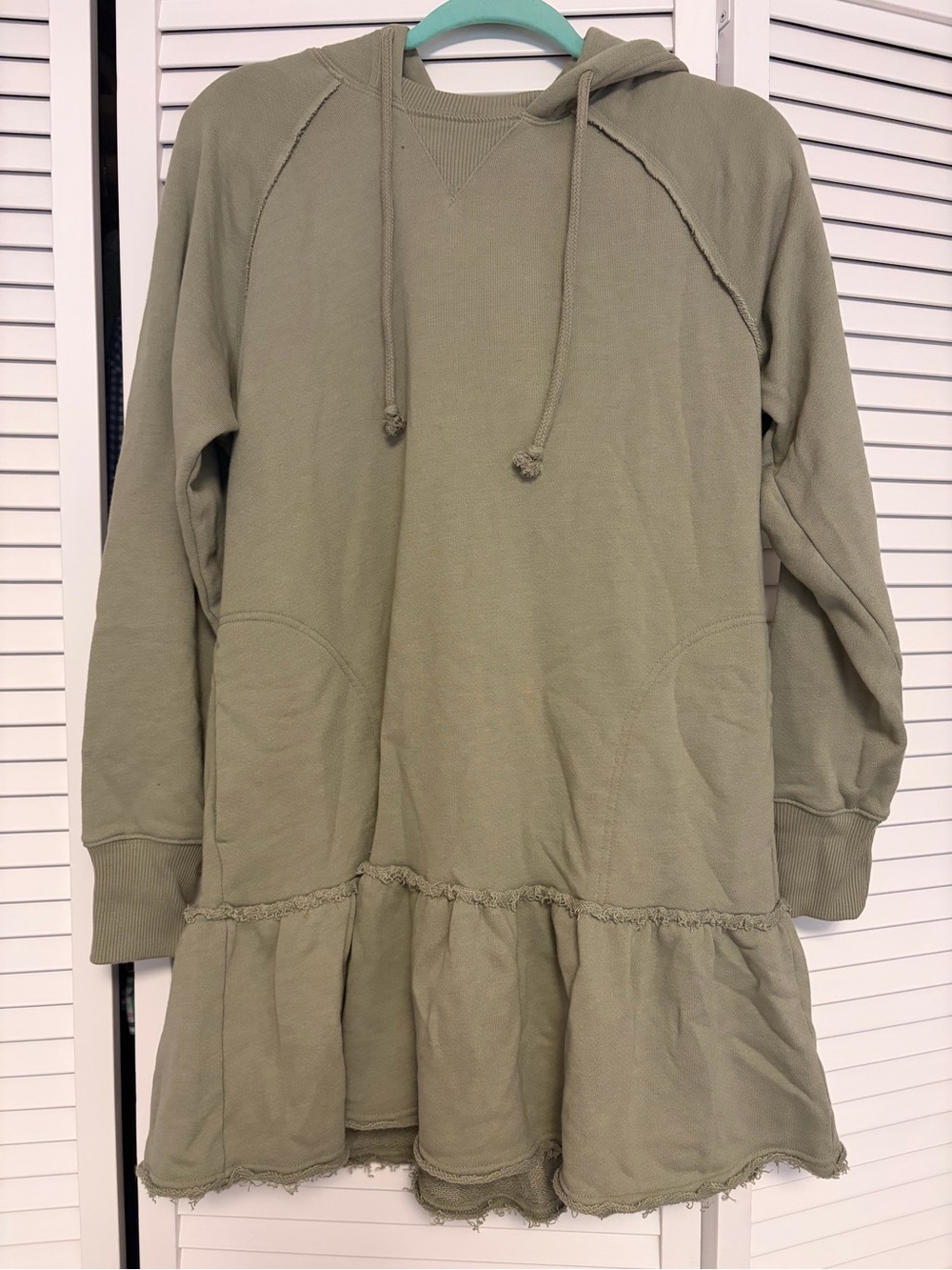American Eagle Outfitters Olive Hooded Ruffle Sweatshirt Dress